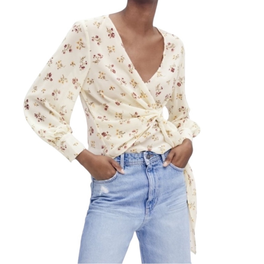 Zara Cream Floral Printed Wrap Draped Front Cropped Blouse - S